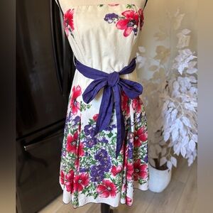 Jane Norman Floral Strapless Fit-and-Flare Dress with Purple Belt. Size S. EUC